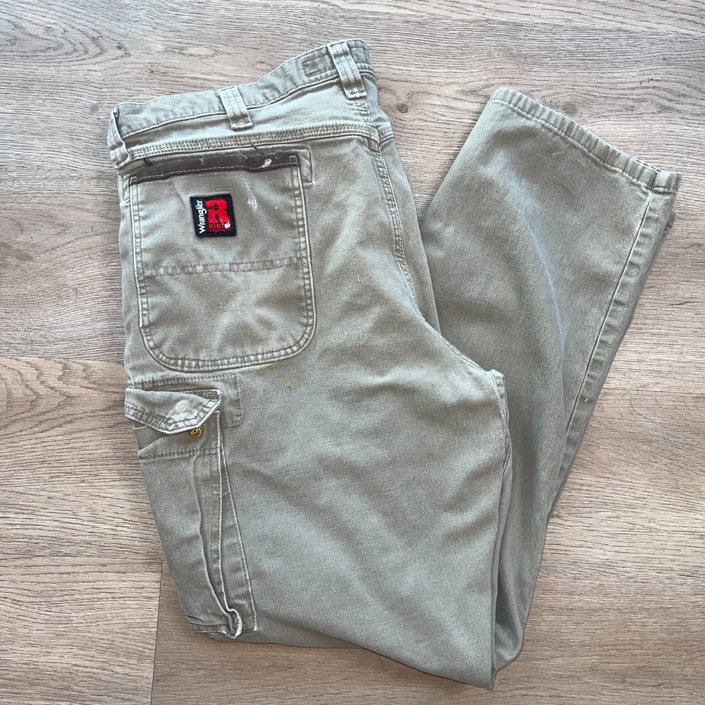 Wrangler Riggs Workwear Mens 38x32 Cargo Pants Canvas Distressed Paint Rip Off